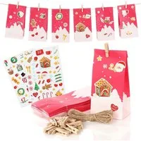 Nordstern befüllbarer Adventskalender 24 Papiertüten, Weihnachtsaufkleber, Juteschnur und Holz Klammern, Geschenktüten zum Basteln und Verschenken