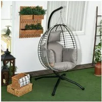 Outsunny Hängesessel Hängeschaukel mit Bechertasche, Klappbarem Sitzkorb (Korbsessel, 1-St., Schaukelsessel), für Garten, Wohnzimmer, bis 120 kg Belastbar, Stahl, Grau