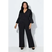 Ulla Popken Funktionshose Jumpsuit Wickeloptik V-Ausschnitt Langarm