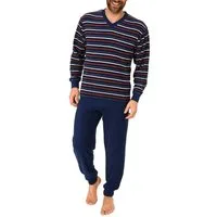Normann Pyjama Langer Herren Frottee Schlafanzug mit Bündchen Streifenoptik