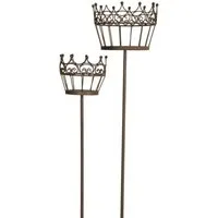 finehomegarden Gartenstecker Pflanzkorb am Stab 2er Set Metall Vintage Kronen-Design Ø16 & 20cm (Set, 2-St., 2tlg.-Set) Braun Dekorativer Blumenkorb für Garten, Terrasse, Veranda & Balkon