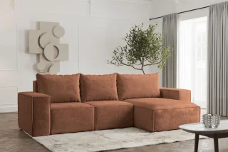 Ecksofa Designersofa ESTELLE in Stoff Abriamo Rostbraun Ottomane Rechts