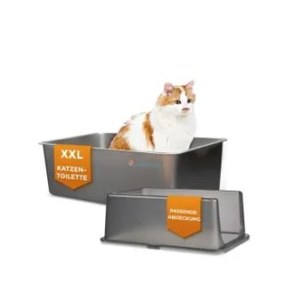 Lucky-Kitty Katzentoilette XXL (Edelstahl Natur) + Haube (Schwarz transparent)