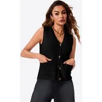 Imily Bela Strickweste Damen Ärmellos mit V-Ausschnitt Knopfleiste und Taschen (Packung, 1-tlg., 1per-Pack) in Unifarbe gehäkelt