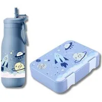 JENARD Lunchbox Brotdosen Set Kinder mit Edelstahl Trinkflasche Weltraum, (Brotdosen- und Trinkflaschen-Set, 2-teiliges Set, Brotdose und Trinkflasche, Kindergarten-Set, Schul-Set), BPA-frei, Lebensmittelecht, Kindgerecht, Wiederverwendbar, Robust