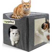 Zooprinz Katzenhaus Katzenhöhle Minka mit Kratzfläche und Wendekissen, faltbar, Sisal, 39 × 39 × 36 cm, Anti-Rutsch-Boden, Leinenstoff, Grau