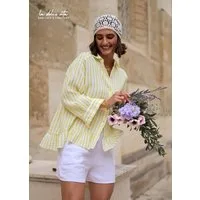 SASSYCLASSY Langarmbluse Gestreifte Musselin Bluse für Damen Oversized Baumwollbluse mit Rüschensaum und 3/4 Ärmel Gelb