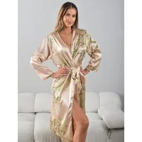Elegant Love Morgenmantel Luxuriöser Satin-Kimono für Damen – Sexy Loungewear & Negligee, Bindegürtel zur Taillenbetonung, V-Ausschnitt, Gürtel, Stilvolle Nachtwäsche – Feminines Nachtkleid mit Blumenmuster