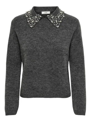 JDY - JDYAUBRAY LIFE L/S PEARL COLLAR PULL KNT dark grey melange - Gr. - S