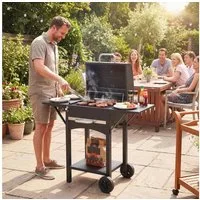 Outsunny Holzkohlegrill mit 2 Seitentischen, Große Grillfläche, Grillrost, Thermometer, Räder, BBQ Smoker Grill, Grillwagen, 110 x 46,5 x 101 cm Schwarz