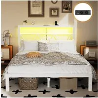 oyajia Metallbett Bettgestell mit LED-Beleuchtung, 90x200/140x200/160x200cm (mit aufladen USB Ladefunktion Kopfteil, 2AC + USB & TYPE-C,Minimalistischer), Ohne Matratze, Reichweite Speicher, Weiß