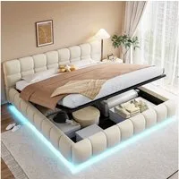 Merax Polsterbett mit LED-Licht & hydraulischem Stauraum (1-tlg), Doppelbett 180×200cm mit voluminösem Kopfteil, Mehrzweckbett, Samt