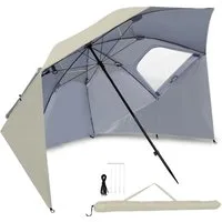 Clanmacy Sonnenschirm Strandschirm 210cm UV Schutz 50+ Neigbar Beige mit Erdspieß & Tasche, LxB: 210x200 cm, Stabiler knickbar/für Garten, Balkon, Terasse/Sonnenschutz UV50+