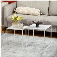 HOMCOM Couchtisch 2er-Set, mit Stahlgestell (Kaffeetisch, 2-St., Eckiger Beistelltisch), für Wohnzimmer, bis 10 kg Belastbar, Weiß