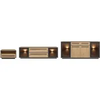 moebel-dich-auf Wohnwand NARDO, (Wildeiche / Absetzung: Anthrazit, 1-St., Verschiedene Board-Sets), Braunglas, Softclose, inkl. LED-Beleuchtung