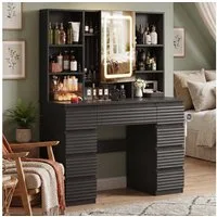 HOMALL Schminktisch Mit Spiegel und LED-Beleuchtung, mit Steckdose (Kombination aus 9 Schubladen, 7 offenen Fächern und Stauraum hinter dem Spiegel, Maße: 108 × 40 × 146 cm, mit 2 Steckdosen, 1 USB-Anschluss und 1 Typ-C-Anschluss, Föhnhalterung)
