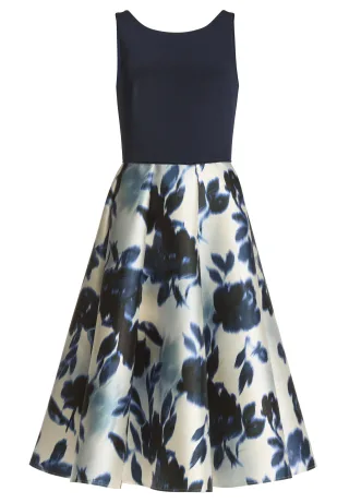 SWING - Cocktailkleid aus bedrucktem Twill mit Scuba Oberteil ivory / navy - Gr. - 34