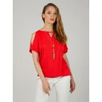 Passioni T-Shirt in Coral, mit Schlitzöffnungen am Ausschnitt und Ärmeln