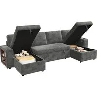 Merax Ecksofa U-förmiges Sofa mit USB-Anschluss, 270 x 125 x 86 cm 1 Teile, Ausziehbares Schlafsofa mit Stauraum, Becherhaltern & Ablage, Chenille