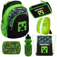 GOLDKIDS Schulranzen für Jungen und Mädchen, 6er-Set - (Schul-Rucksack für Kinder mit Federmäppchen, 1-tlg., - Trinkflasche und Brotdose -Regenschutz), - Minecraft Motiv