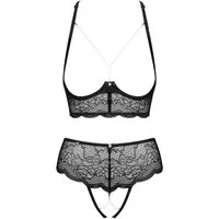 Obsessive Set: Bügel-BH 2-tlg Dessous-Set: offene Cups und Perlen BH Tanga Spitze schwarz (2-tlg) transparente Spitze mit Perlenketten