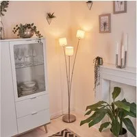 hofstein Stehlampe »Costa« runde Bodenlampe aus Metall, Nickel-matt, weiße Stoffschirme, ohne Leuchtmittel, Standlampe, 3xE14, mit Fußschalter am Kabel