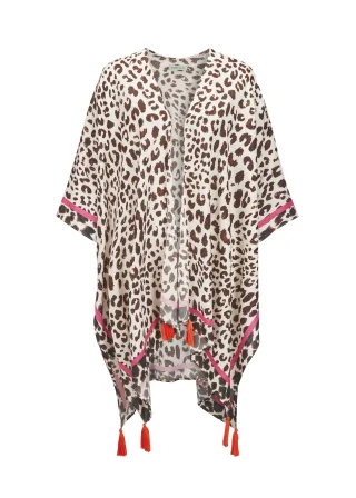 Sommerlicher Poncho aus Viskose mit Leo-Muster und Quasten braun - Gr. - one size