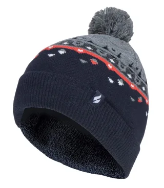 Heat Holders - Mens Thin Knit Fleece gefüttert Pom Pom Hut | Gemustert | Für Winter - Pebble Grey