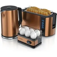 Arendo Frühstücks-Set Wasserkocher 1,5l, 4-Scheiben Toaster, 6er Eierkocher, Kupfer (3-tlg), Edelstahl, BPA-frei, GS-geprüfte Sicherheit, fürs Familienfrühstück