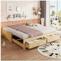 OKWISH Schlafsofa Funktionsbett, Ausziehbares Holz-Kinderbett 90/180 x 190 cm mit Lattenrost, zwei integrierten Schubladen und ohne Armlehnen & Rückenlehne, ohne Matratze