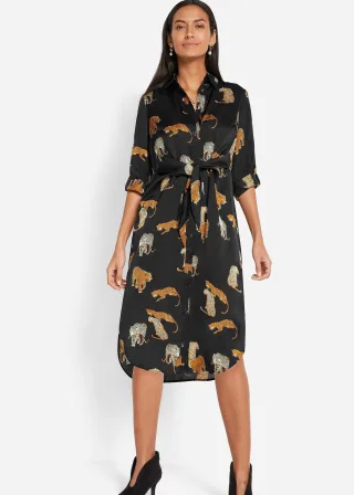 bonprix Hemdblusenkleid aus fließendem Satin, schwarz, Gr.44, Schönes Satin Hemdblusenkleid mit modernem Animal-Print