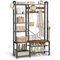 VASAGLE Garderobenständer Garderobe, Garderobenständer, mit Schuhbank, Haken, 5 Regalebenen aus Spanplatten