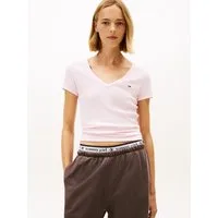 Tommy Jeans Kurzarmshirt TJW SLIM ESSENTIAL RIB V SHORT SLEEVE mit gerippter Struktur, V-Ausschnitt, Slim Fit