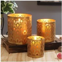 Marrakesch Orient & Mediterran Interior Teelichthalter 3er Set Orientalisches Teelichthalter Zalia modern Metall, Gold 14 cm (3 St), Handarbeit