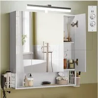 VASAGLE Spiegelschrank Badezimmerschrank Breite 70-90cm, 90° drehbar LED, mit Steckdosen, Haartrockner-Halter