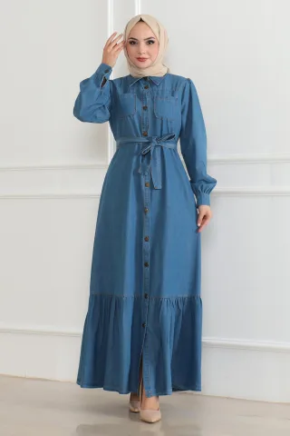Rüschen Detailed Denim Kleid Hellblau