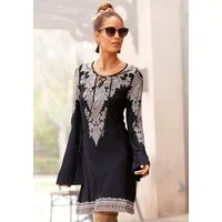 LASCANA Jerseykleid mit Bordürendruck und Schnürung am Ausschnitt lockeres Sommerkleid, Viskosekleid mit weiten Ärmeln, Boho-Kleid