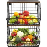 JEOBEST Obstschale Küchen organizer Mit Holzdeckel, Metall Hängender Obstkorb, 2 Etagen, Rostfreies, Kohlenstoffstahl, Abnehmbare Körbe