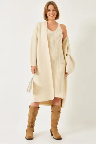 Strukturierter Strick V-Ausschnitt Cardigan-Kleid Zwei-teiliger Satz