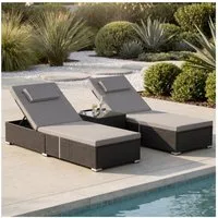 tectake Gartenliege Rattan-Doppelliege mit Tisch, mit abnehmbaren Kopfpolstern, Sonnenliege Carbonera, 1 St., in schwarz, wetterfest und UV-beständig, Belastbarkeit je 200 kg, verstellbar