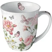 Ambiente Luxury Paper Products Becher Porzellan Frühling / Herbst / Sommer / Winter Kollektion, 1-tlg., Porzellan Becher ca. 400 ml Becher- Schmetterlinge, Rosen, Bunt, Blumen, Pflanzen, Anlässe , Geburtstag, Muttertag, Hochzritstag, Ostern, Pfingste