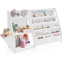 SONGMICS Spielzeugtruhe, Bücherregal Kinder, Spielzeugregal, mit Seitentasche, 108.5×30×75 cm