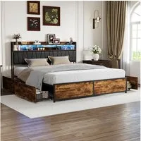 zebery Polsterbett Stauraumbett Doppelbett mit LED-Beleuchtung (Bettgestell mit Kopfteil,Ladefunktion und 4 Schubladen), Metallbett mit USB&Type-C,Jugendbett 180x200cm