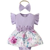 Lapastyle Strampler Neugeborenes Kurzarm Blumen Strampler & Haarband Outfits Baby Mädchen (Set, 2-tlg) Babykleidung mit Rüschen Sommerkleid süß Partykleid Set