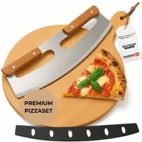 Topanbieter999 Pizzaschneider mit Pizzabrett, inkl. Lederband zum aufhängen und Klingenschutz