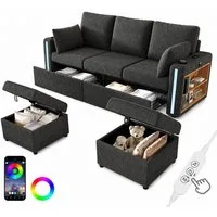Merax Sofa 5-Sitzer-Sofa mit LED-Beleuchtung, USB/Type-C-Ladeanschlüssen, U-/L-Form Sofa, 190x130x85cm 1 Teile, Modulares Sofa mit 2 Stauraumhockern, Getränkehalter & Schubladen