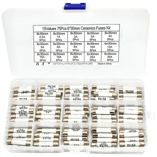 75PCS Ceramic Fuse Kit 6x30mm 15A Ratings 0.5A to 30A Electrical Replacement Fuses Heat Resistant Multipurpose Fuses for