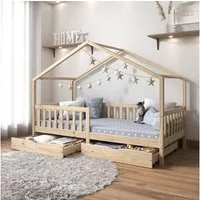 IDIMEX Hausbett ELEA, Hausbett Montessori Bett Kinderbett Tipibett 90 x 200 Kiefer Schublad