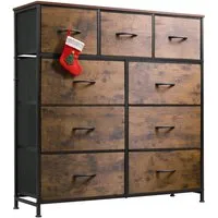 WLIVE Kommode mit 9 Stoffschubladen, Schubladenkommode 100 × 30 × 102 cm (Packung, Stauraumkommode für Schlafzimmer Wohnzimmer Flur), Stahlrahmen & MDF-Holzplatte, Vintagebraun-Schwarz