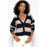 SASSYCLASSY Cardigan Cardigan mit Blockstreifen für Damen Kuschelige Strickjacke mit V-Ausschnitt im oversized Fit Beige Pink